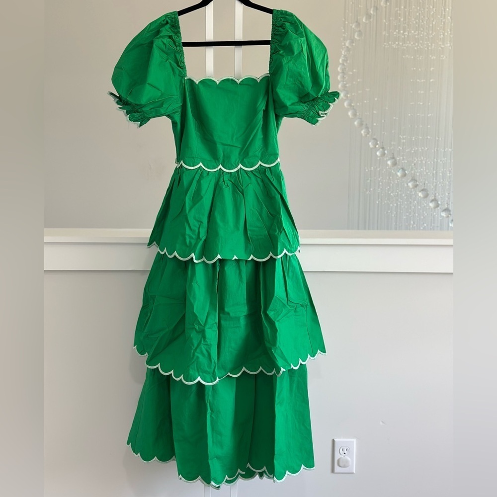 Anthropologie English Factory Green Tiered Dress with Scalloped Edges